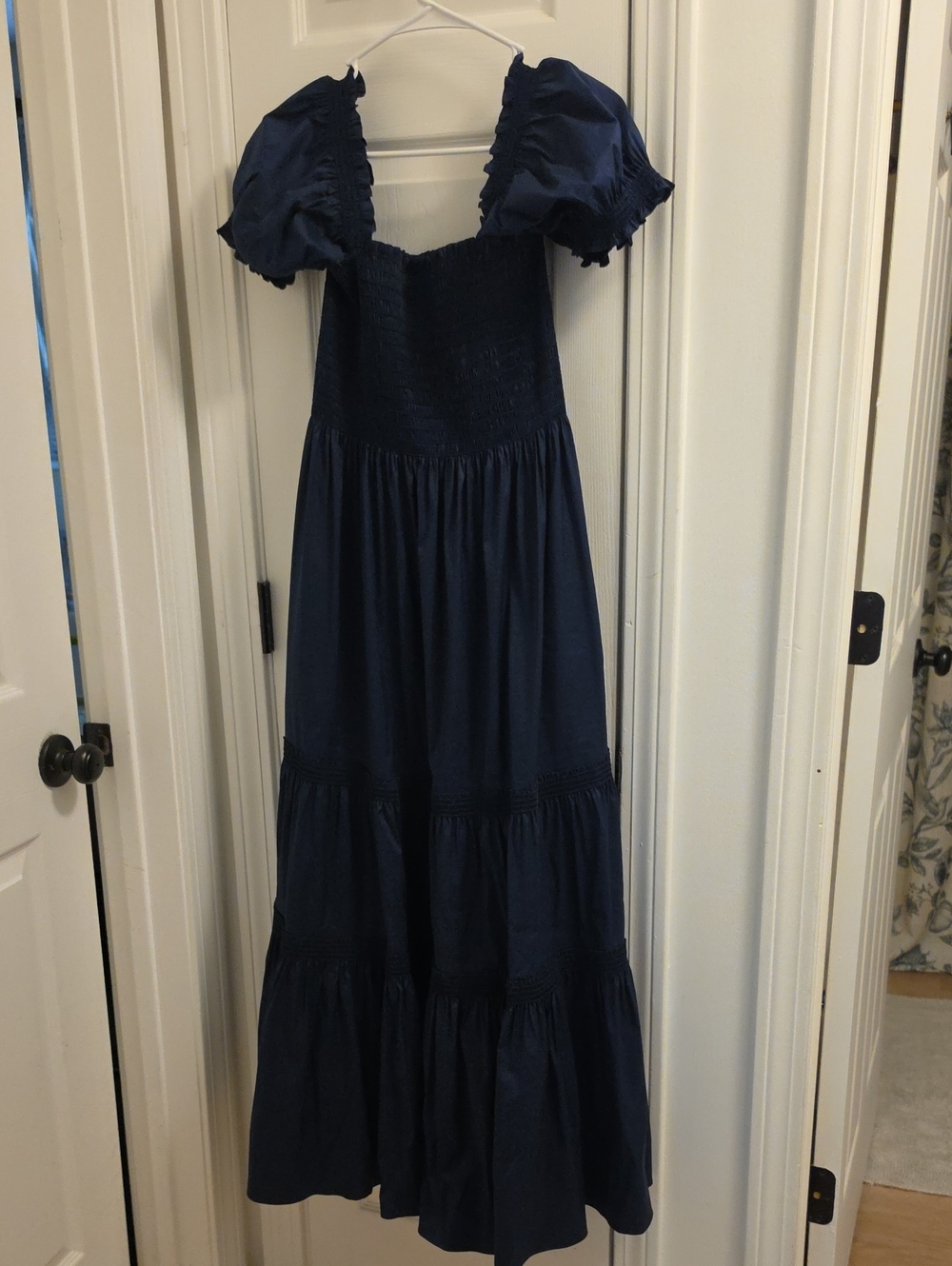 Tory Burch XL Midnight Blue Puff-Sleeve Tiered Maxi Dress Smocked Bodice